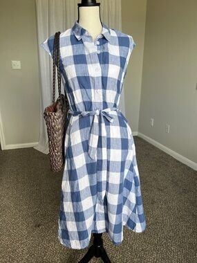 100% Linen Navy Blue White Gingham Midi Dress Button Front with Pockets Size 4